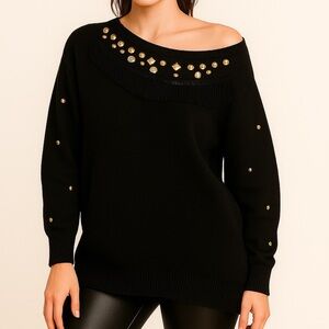 Vintage Black Studded Fringe Sweater XL 80s Glam Western Rhinestone Cowgirl